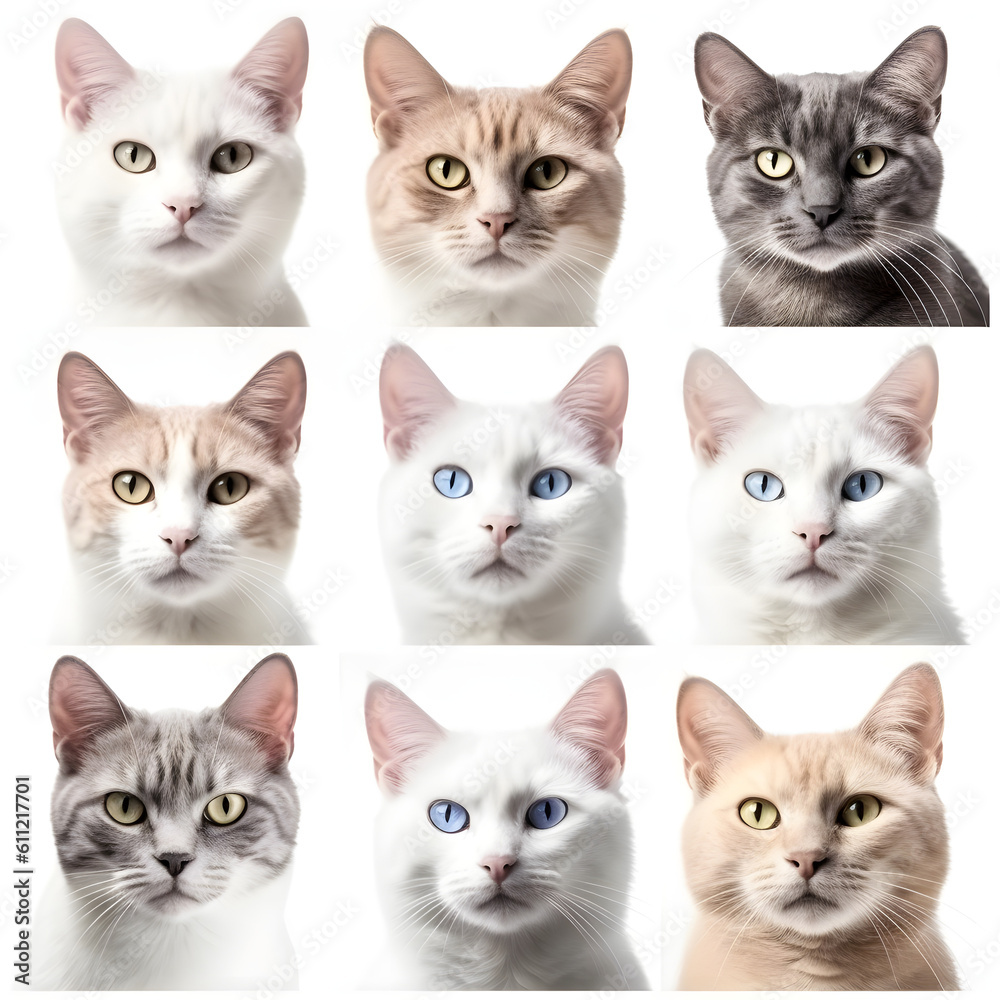 Collection set of different cute cats and catfaces isolated