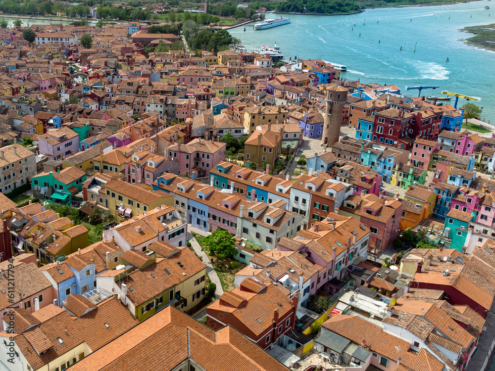 Burano colored houses island. Rainbow city. Positive drone view. 