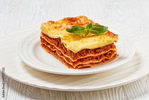 lasagne al forno, italian beef lasagna, top view photo