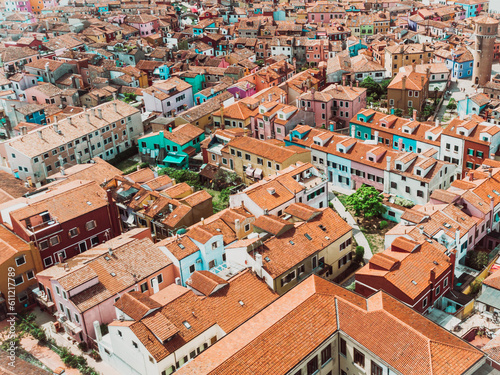 Burano colored houses island. Rainbow city. Positive drone view. 