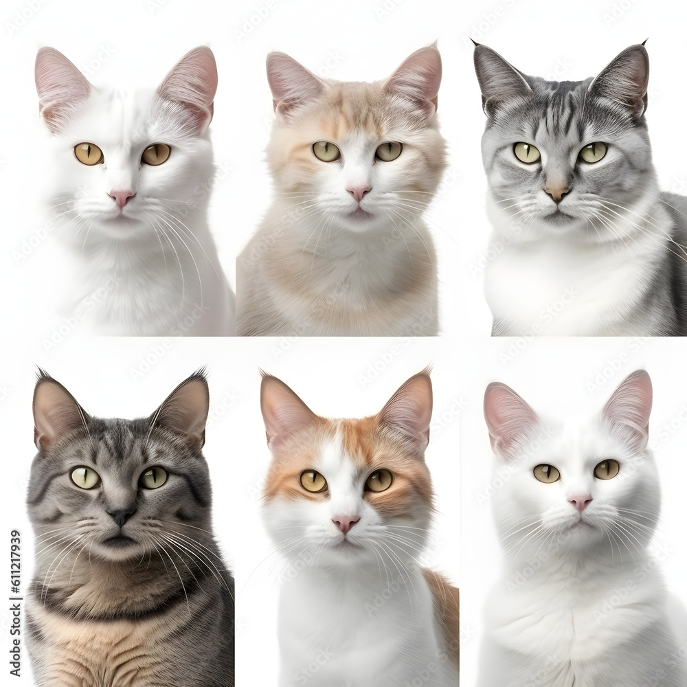 Collection set of different cute cats and catfaces isolated