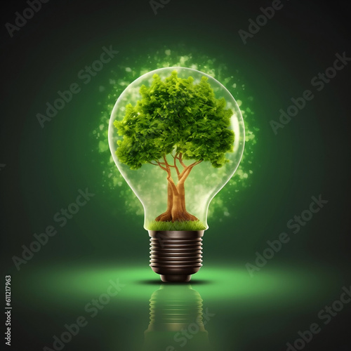 Light bulb with green tree inside with energy resources icon. Electricity and energy saving concept. Sustainable development, ecology and environment protect, Earth day, Renewable energy and recycling