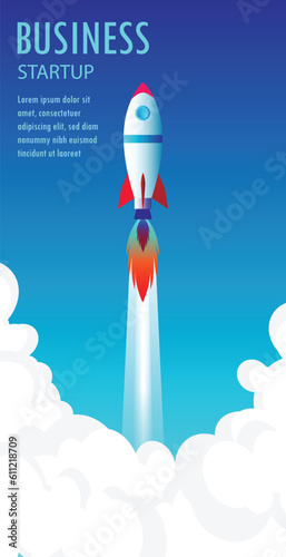 Business Startup Concept. Rocket space ship take off. Rocket launches in space flying. Vector illustration.