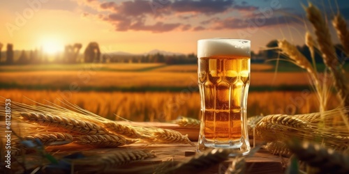 glass of beer on field with generative ai