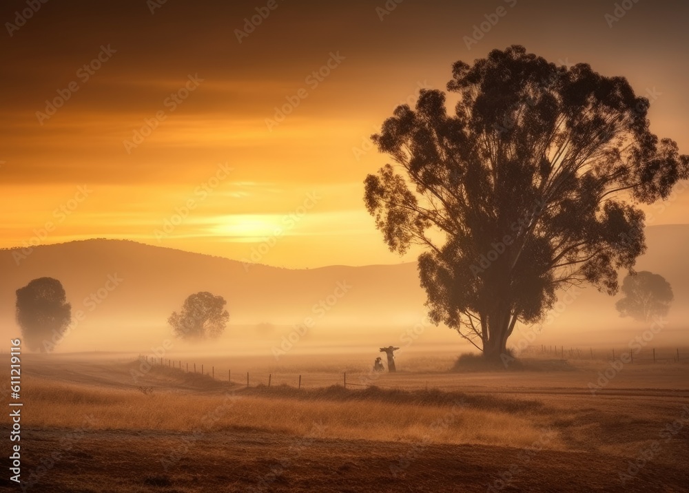 Dawn's Embrace: Sunrise in the Foggy Australian Countryside