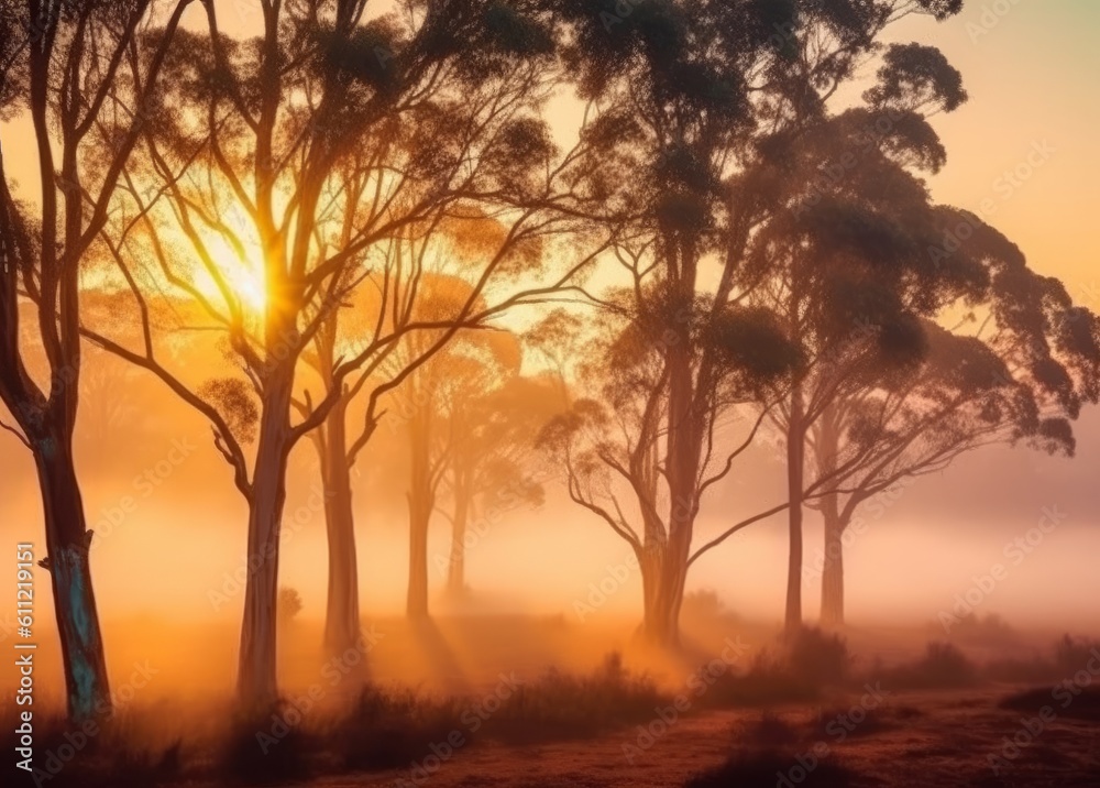 Outback Awakening: Sunrise over Misty Gum Trees in the Australian Wilderness