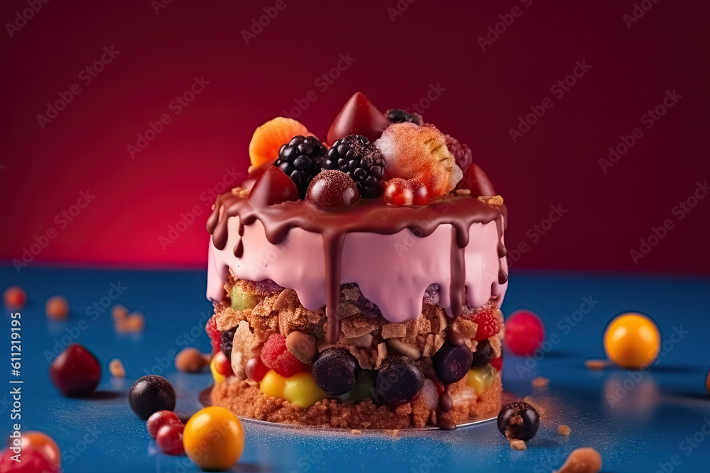 Colorful birthday cake with multicolored decor. Festive birthday party. generative AI