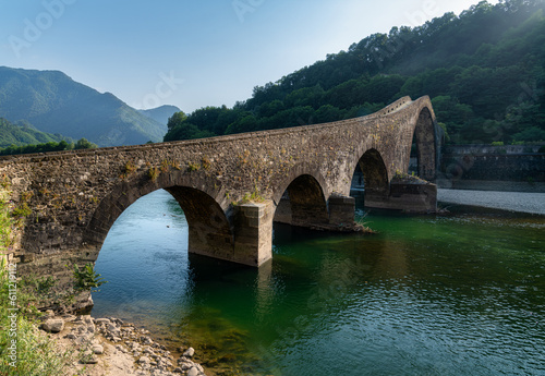 The Ponte della Maddalena (Italian for "Magdalen's Bridge"), also known as the Ponte del Diavolo (Italian for "Devil's Bridge"), over the Serchio River near the village of Borgo a Mozzano , Italy