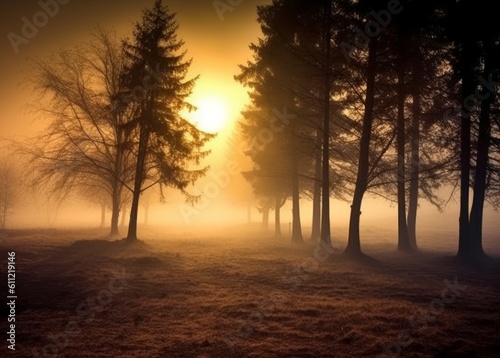 Enchanting Dawn  Foggy Landscape with Trees and Meadow at Sunrise