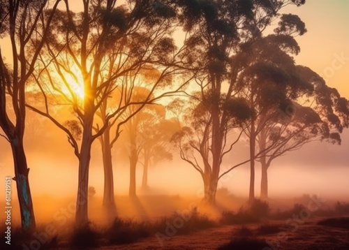 Outback Awakening: Sunrise over Misty Gum Trees in the Australian Wilderness