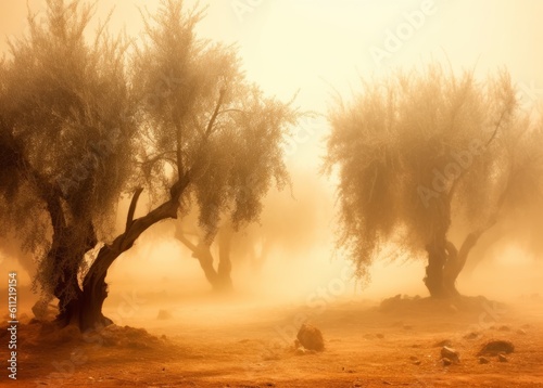 Mystical Tranquility: Olive Grove in Sunset Fog (Toned)