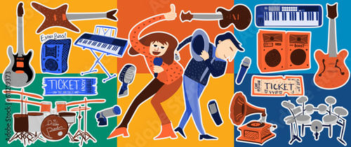 Music concept isolated elements set. Bundle of concert classic vs modern, guitar, drums, keyboards, microphone, musical instruments. Vector illustration in flat cartoon design