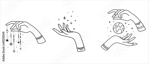 Linear Vector Illustration. Magical hand drawings. The concept of magic and healing with hands. Hands holding the earth in space. 