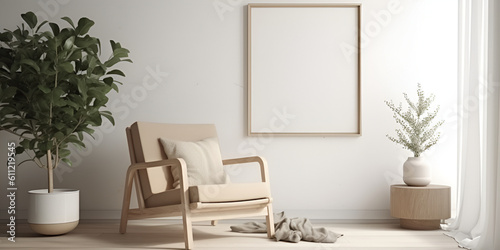 Living room interior with mock up poster frame with copy space, beige. Home decor. generative AI,