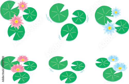 かわいい睡蓮の葉と花のイラストセット
