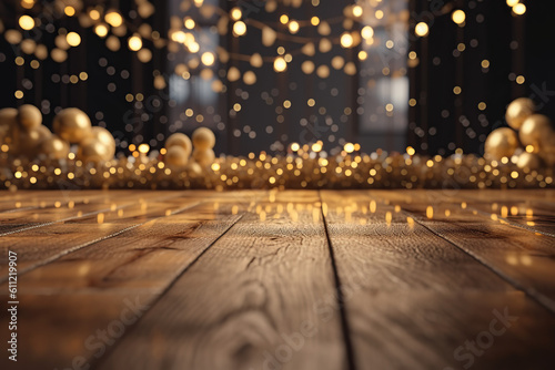 Fototapete Anniversary wooden and gold color background with falling confetti and light effects