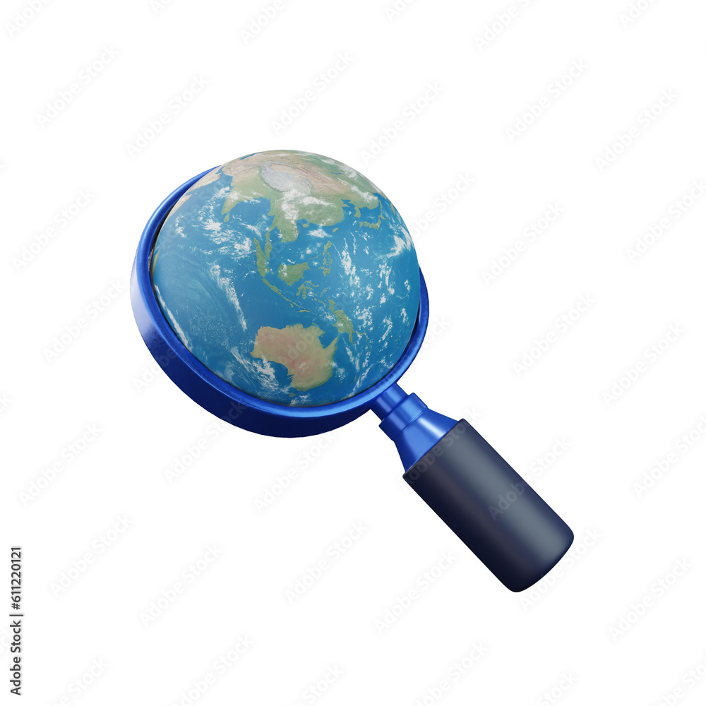 3d rendering of magnifying glass and earth 3d rendering of magnifying glass and earth