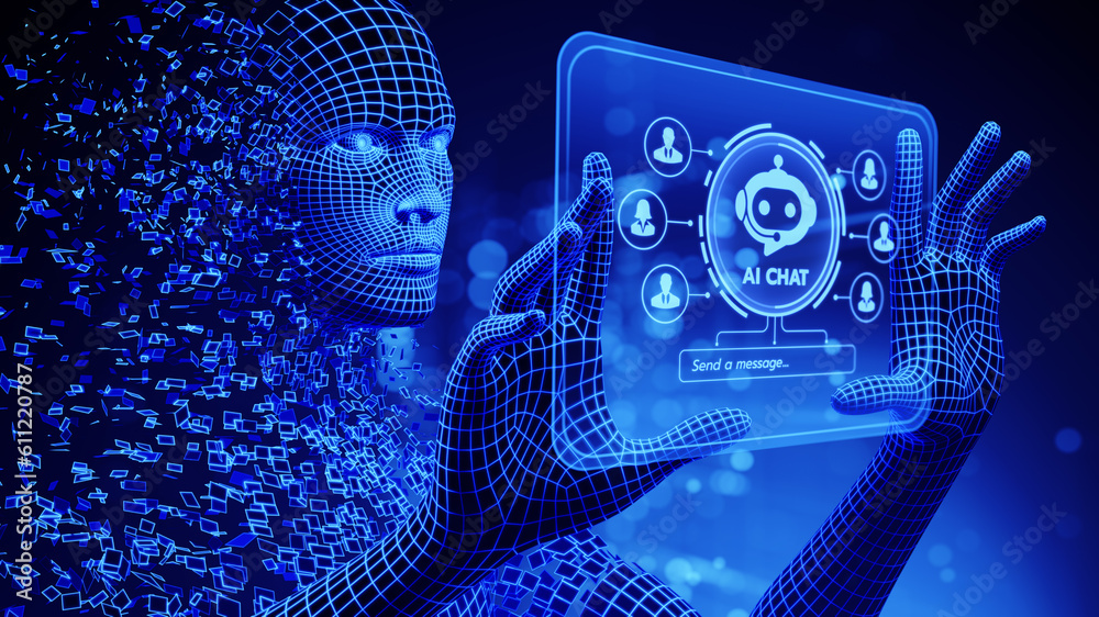 Chat Bot with AI or Artificial Intelligence technology. 3d avatar uses ...
