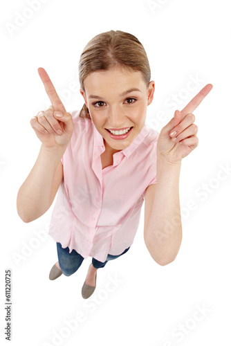 Happy woman, portrait smile and hands pointing up for news isolated on a transparent PNG background. Female person or model smiling in casual fashion clothing showing notification or alert for ideas