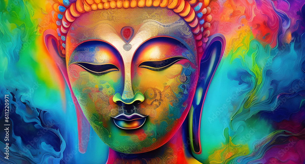 Head of a golden buddha statue with inkflow background. Colorful painting. Generative Ai. Head of a golden buddha statue with inkflow background. Colorful painting. Generative Ai.