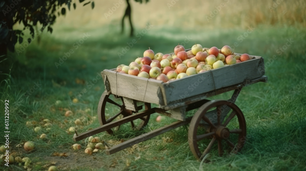 A handcart full af apples in garden. Illustration AI Generative..