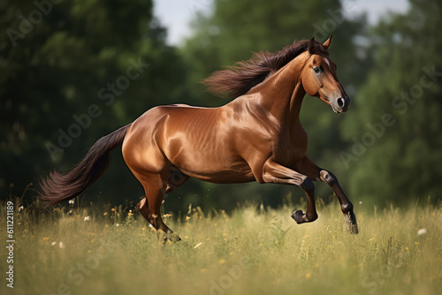 Brown horse galloping in the field. Illustration AI Generative..