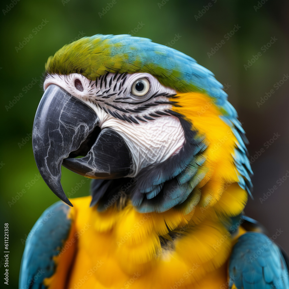 Colorful blue and yellow macaw parrot Ara ararauna. Illustration AI Generative..