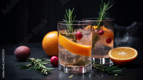 Cocktail of vodka and sprite with ripe fruits and rosemary Illustration AI Generative