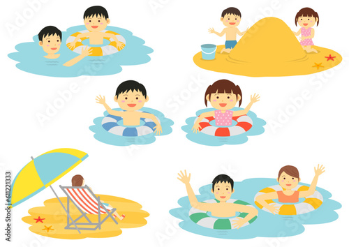 海水浴イラスト_海で遊ぶ人々のイラストのセット

