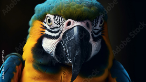 Colorful blue and yellow macaw parrot Ara ararauna. Illustration AI Generative..