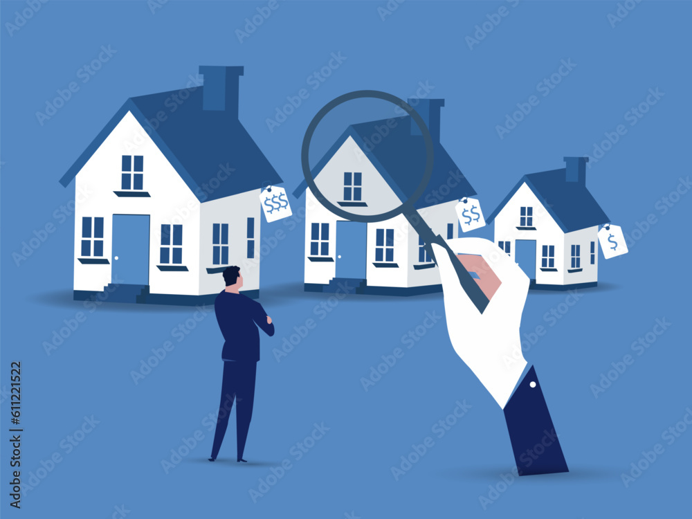 businessman hand wisely think to picking different variant houses with price tag.House or mortgage affordability calculation, picking new home base on budget, income or lifestyle concept.