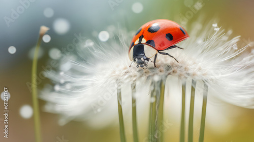 Ladybug on white dandelion.  Illustration AI Generative.. © Dragoslav