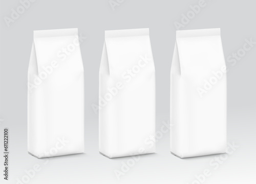 Hyper realistic gusseted vertical bag mockup. Front view. Vector illustration. Can be use for template your design, presentation, promo, ad. EPS10.