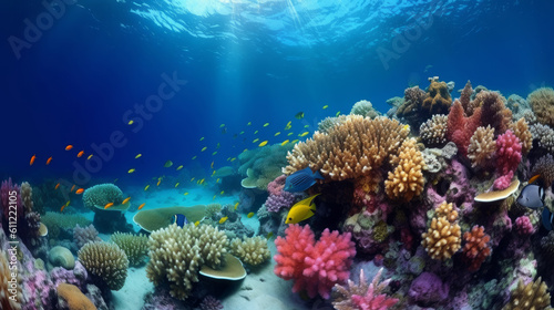 Underwater coral reef landscape super wide banner background in deep blue ocean. Illustration AI Generative © Dragoslav