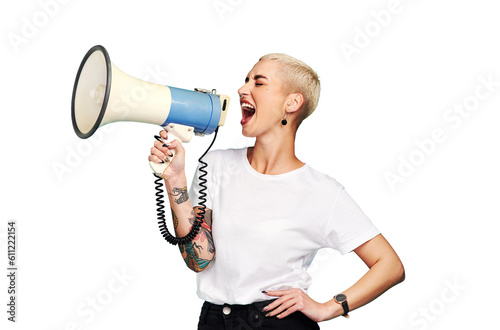 Megaphone, broadcast and woman voice isolated on transparent png background for speaking, protest or vote. Freedom of speech, strong opinion and gen z person in call to action, human rights or change