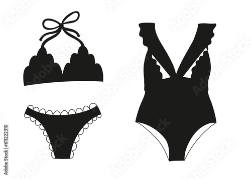 Black silhouette of swimsuit's isolated on transparent background. lingerie PNG