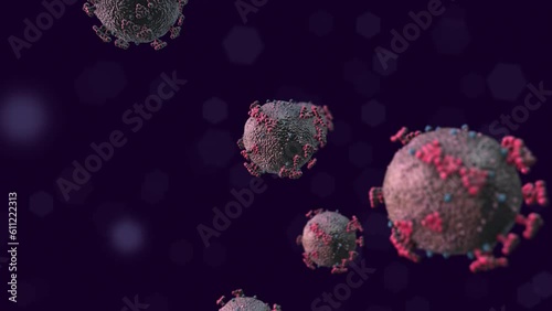 SARS-CoV-2 COVID-19 Virus Gently Spinning and Floating with Purple Background Under Microscope - 3D Animation photo