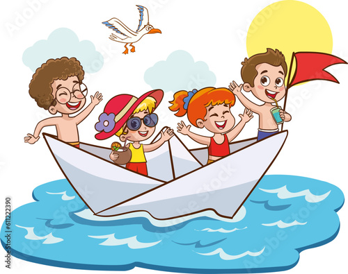 Happy smiling kids having fun and playing sailor in imaginary world. Children playing paper boat.cute kids having fun in the sea cartoon vector.