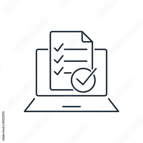 Notebook, filled form and round sign with a checkmark. Approved Questionnaire. Vector linear icon isolated on white background.