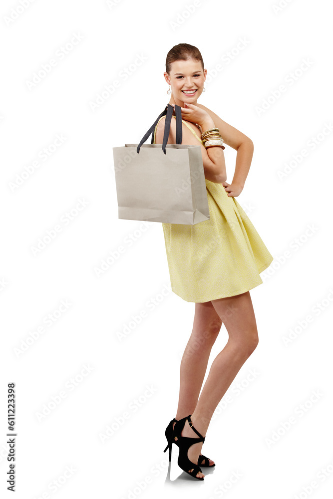 Teen girl with shopping bag, fashion and retail in portrait with glamour and smile isolated on transparent png background. Young female model with designer clothes, commercial and posing with style Teen girl with shopping bag, fashion and retail in portrait with glamour and smile isolated on transparent png background. Young female model with designer clothes, commercial and posing with style