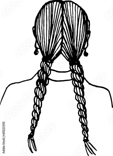 Girl's hairstyle, two pigtails gathered in a bundle. Back view.