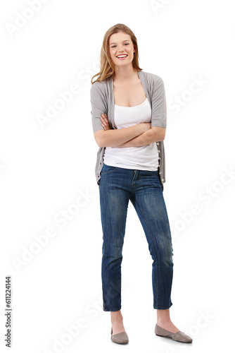 Woman, relax and portrait with arms crossed in jeans, denim or pants on isolated, transparent or png background. Girl, model and casual weekend fashion, style or clothes for teenager or student