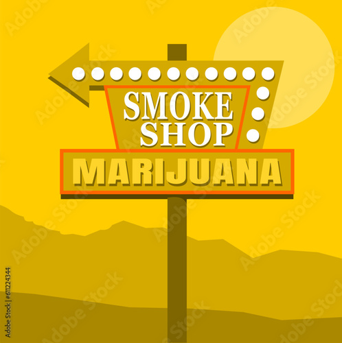 Neon smoke shop legal marijuana sign with arrow