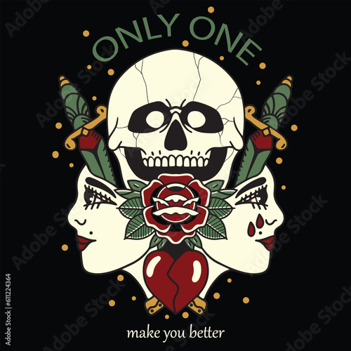 skull vector design illustration with two women and sword for t-shirt