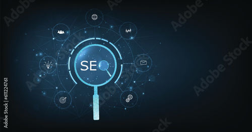 Search engine optimization (SEO) concept on dark blue background. Internet technology for business companies. Large magnifying glass for monitoring and analyzing data	