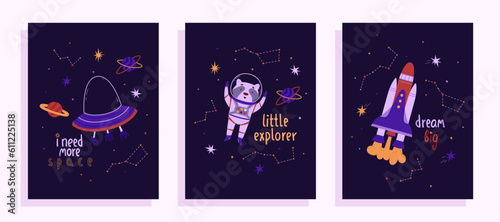Posters witn funny UFO, rocket and cute raccoon spaceman. Flat style. Vector illustration. Hand draw lettering. International Day of Human Space Flight and Cosmonautics Day. Ideal for stickers
