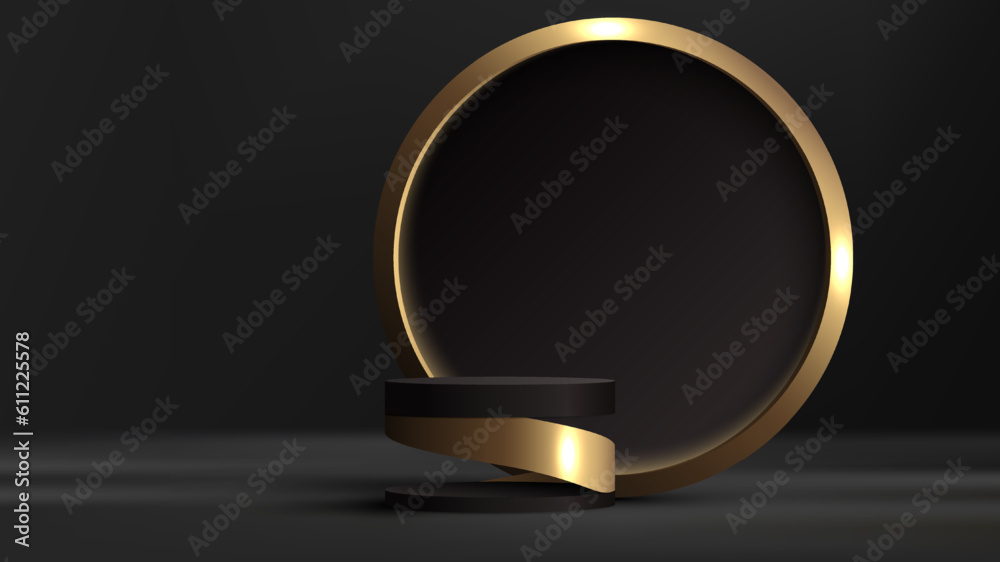 3D realistic modern luxury style empty black and gold cylinder podium stand with circle backdrop on dark background 3D realistic modern luxury style empty black and gold cylinder podium stand with circle backdrop on dark background