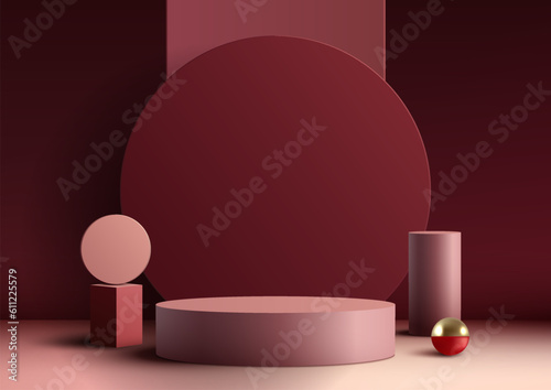 3D realistic empty red podium platform with circle backdrop decoration geometric elements and golden ball on red background modern luxury style