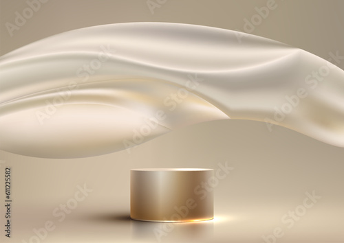 3D realistic empty golden podium stand with gold silk cloth fabric backdrop on clean background modern luxury style