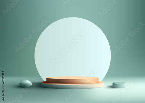 3D realistic empty green podium stand with circle backdrop decoration with rock and geometric elements on green background